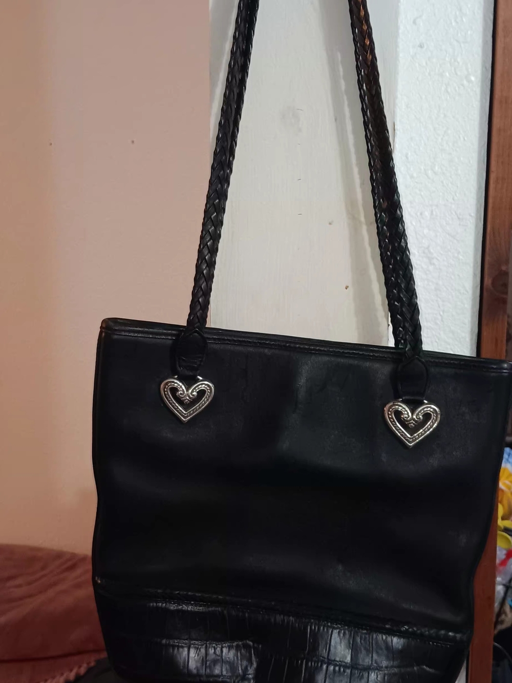 Brighton Black Shoulder Tote with Silver Heart Charms